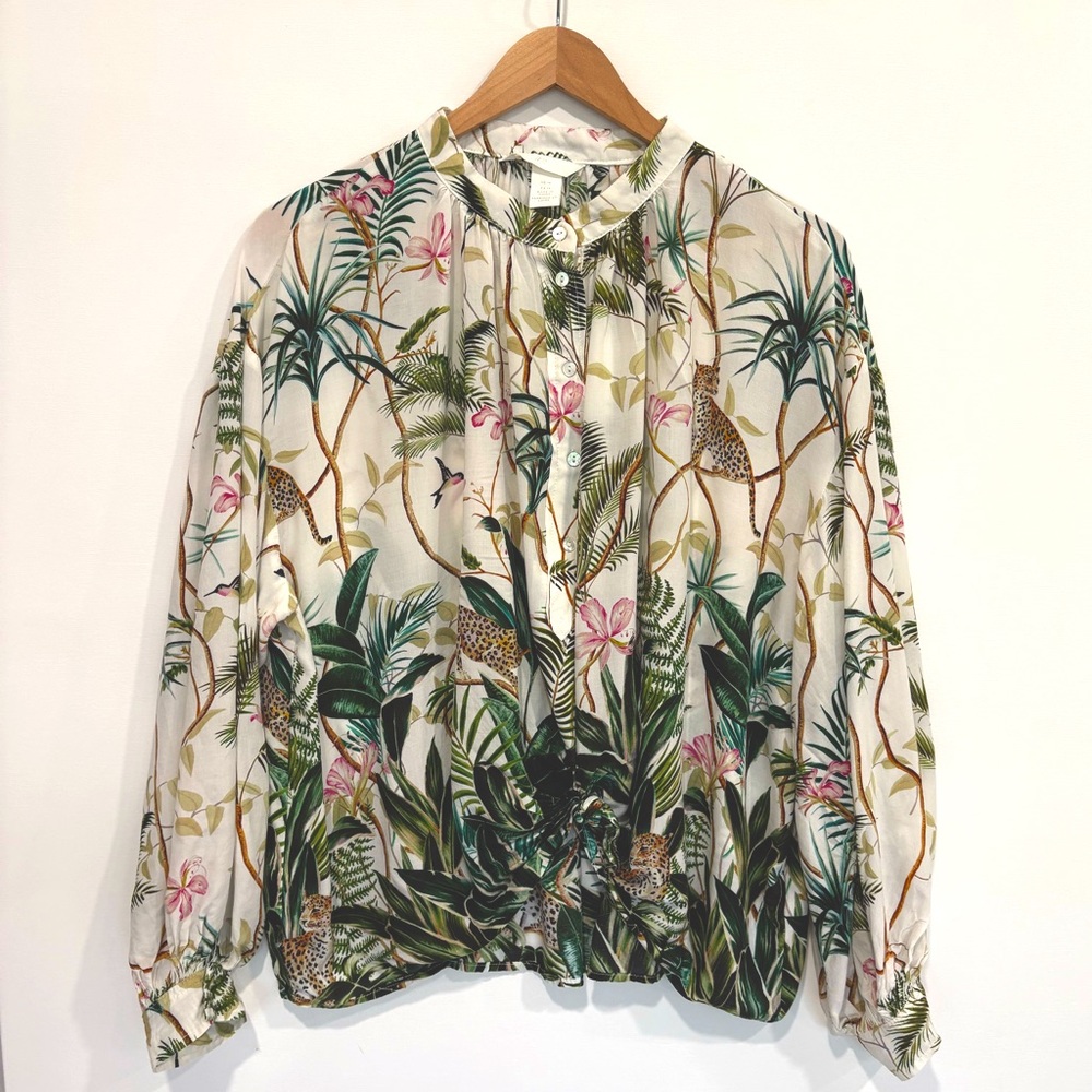 H&M Jungle Floral Print Blouse Womens Size 14 Balloon Sleeve 1/2 Placket Popover - Picture 4 of 16